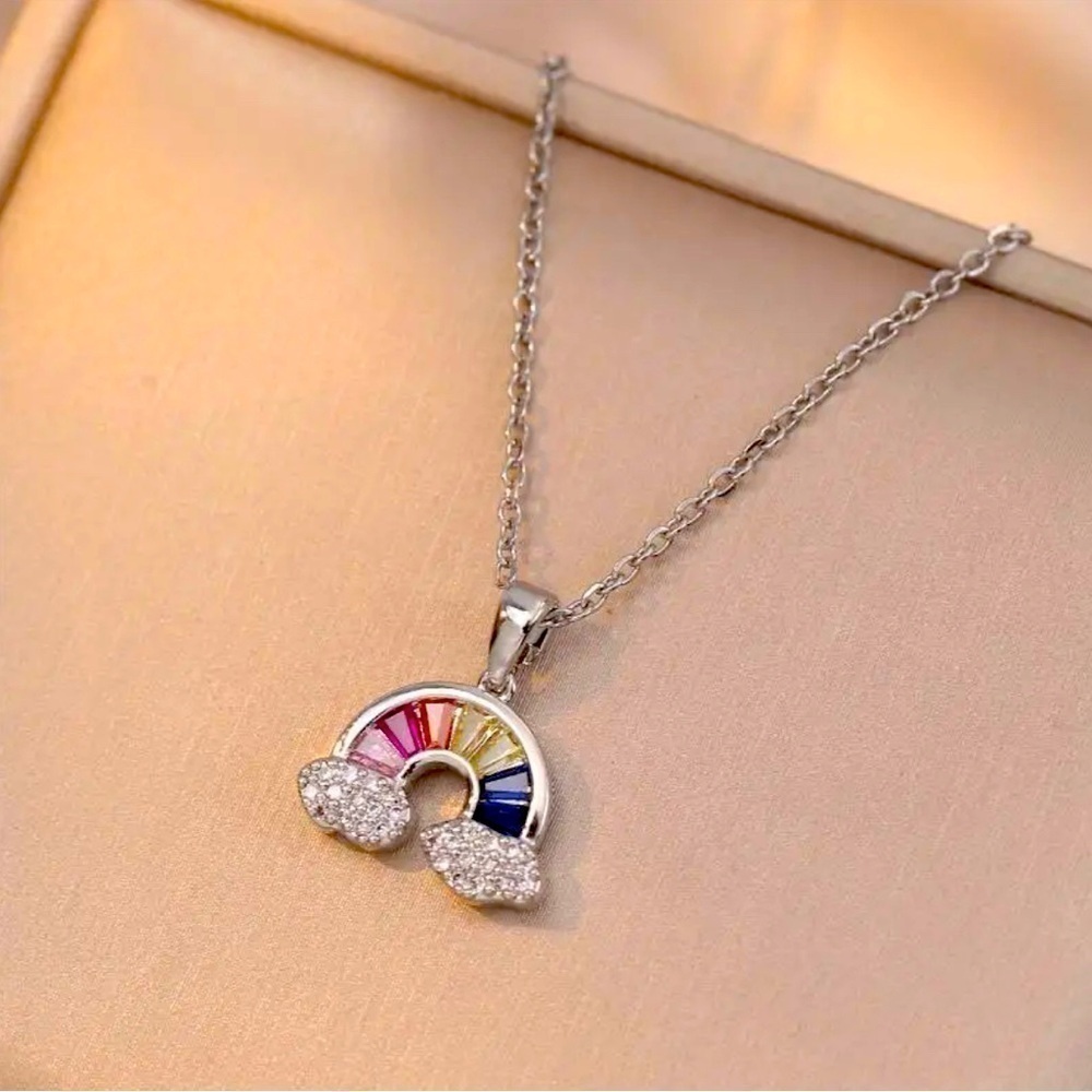 ⭐️NEW⭐️ 18K White Gold Sapphire Baguette & Pave Diamond Rainbow & Cloud Necklace
